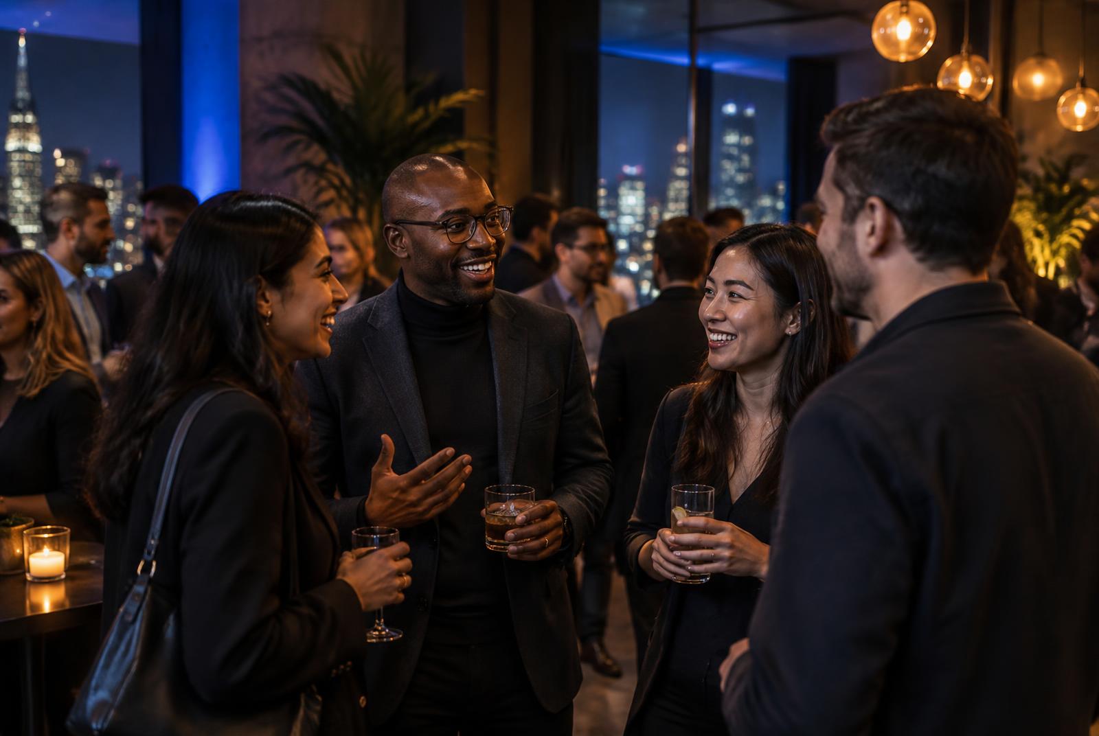 Technology professionals talking at a London evening event